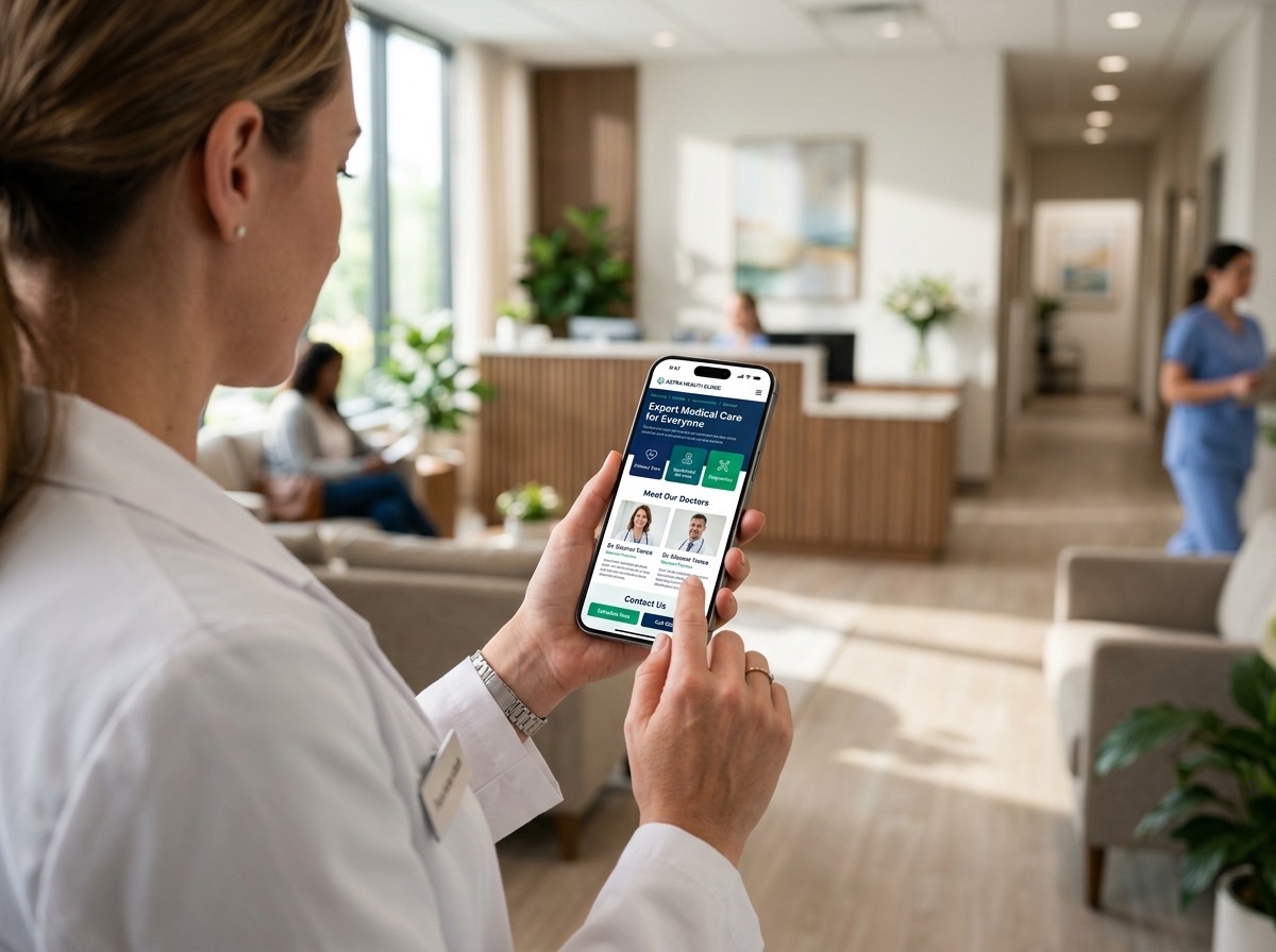 Doctor revisando diseño web médico interactivo en tablet con Inteligencia Artificial para captar pacientes
